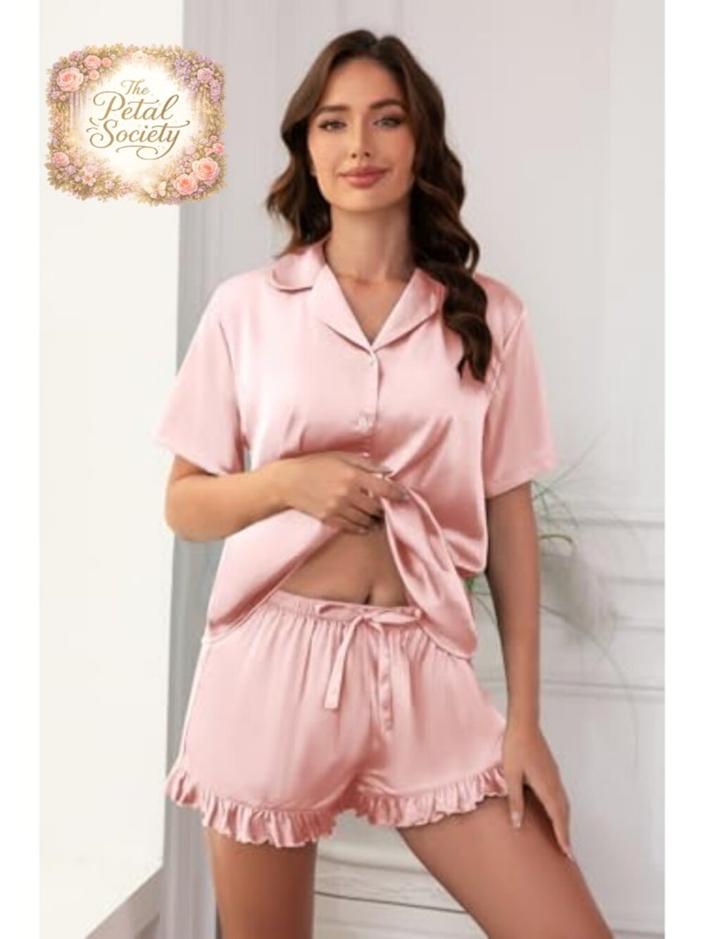 Satin Pajama Set Womens Short Sleeve Button Down 2 Piece Sleepwear Lounge - Picture 4 of 6